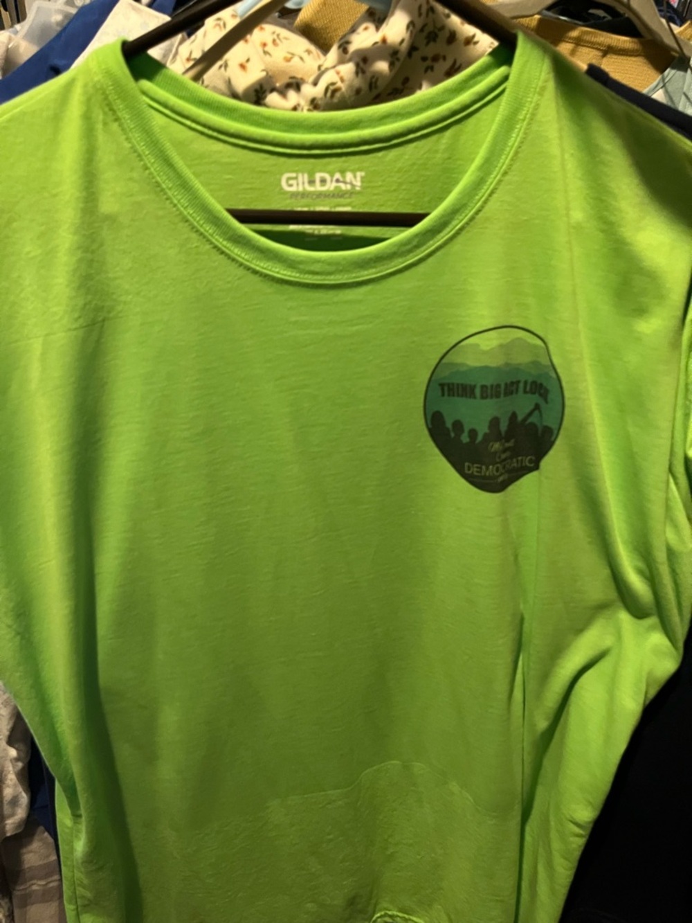Gildan Neon Green Short Sleeve Tee with Small Chest Graphic 2XL  Democrat